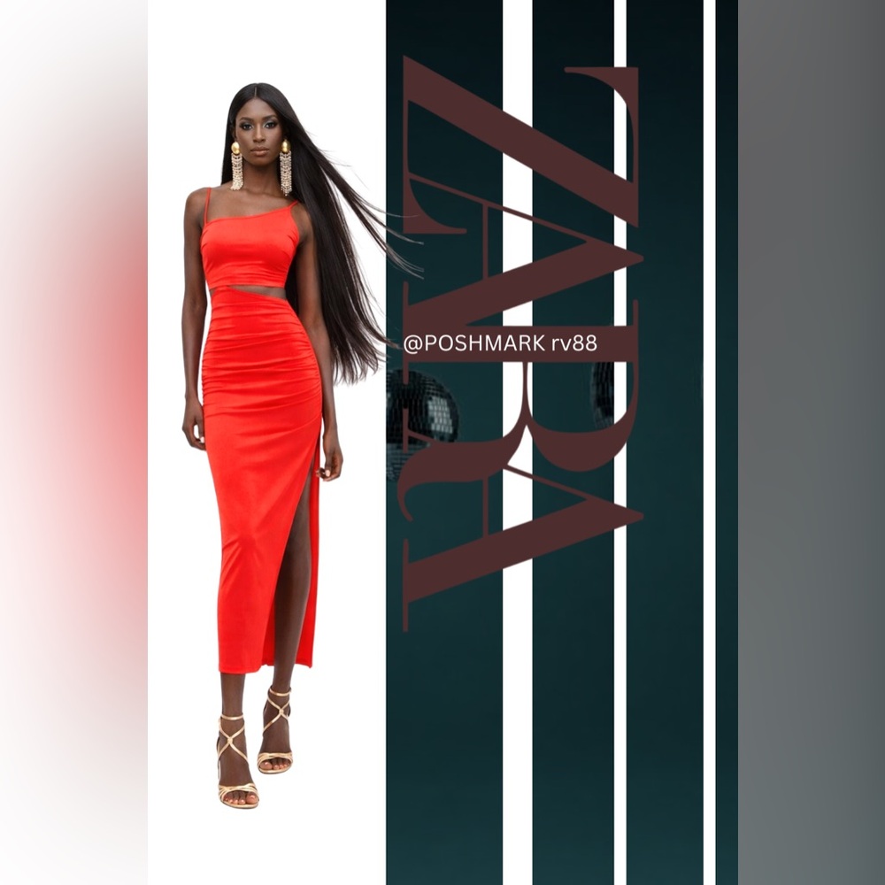 ZARA Red Cut Out Asymmetrical Midi Dress With High Slit - Picture 5 of 5